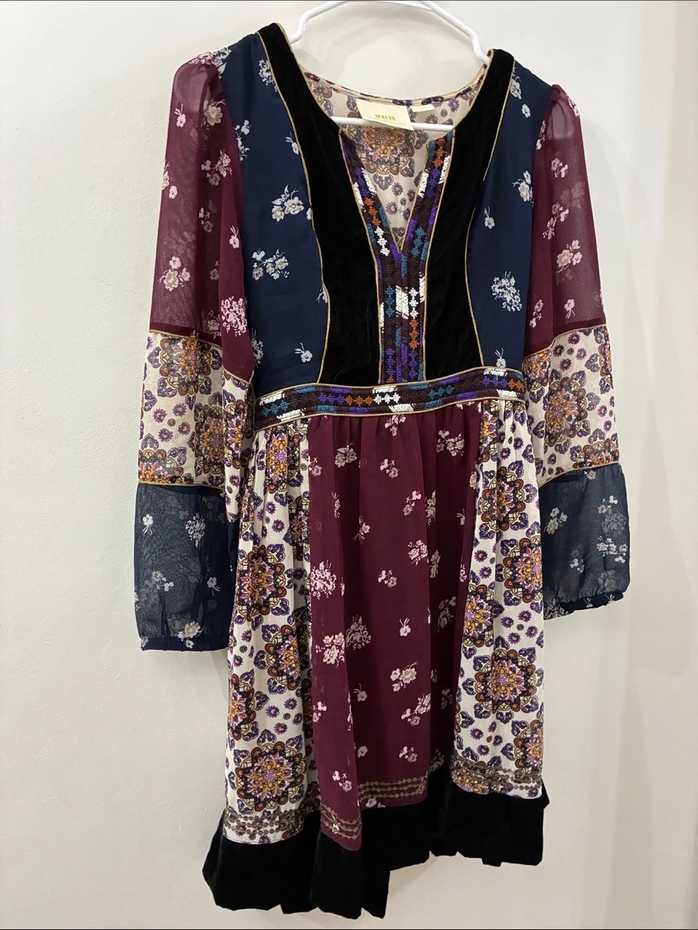 Maeve Anthropologie- Boho Floral Patchwork Dress - Burgundy & Navy - small
